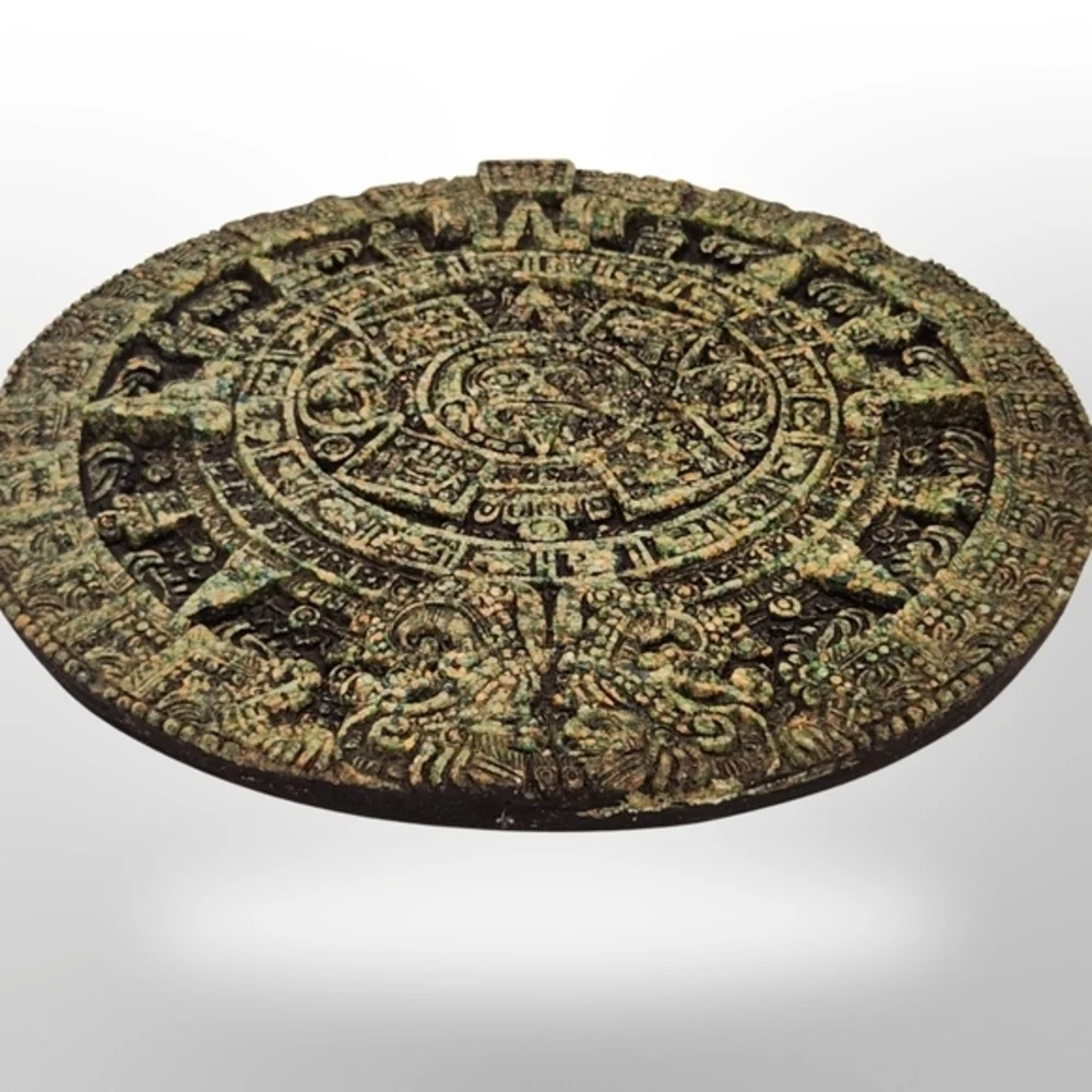 Vintage Zarebski Aztec Mayan Calendar Sun Stone Malachite Green 11"  Wall Plaque - Picture 2 of 6